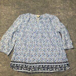 St Johns Bay Top Womens XXLT Blue Paisley Floral Tunic 3/4 Sleeve Boho V Neck